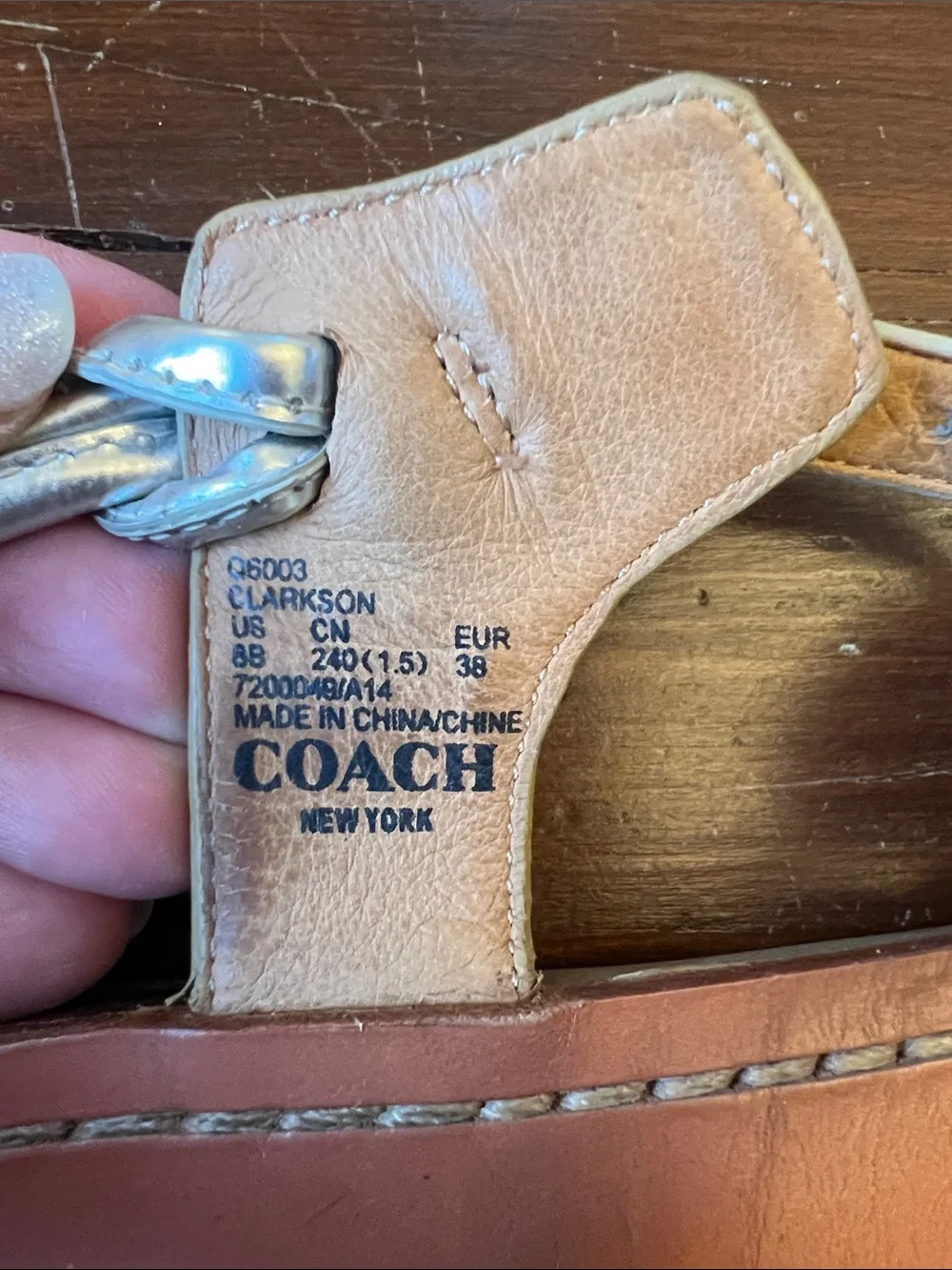 Coach Metallic Silver Leather T-Strap Sandals with Tan Footbed